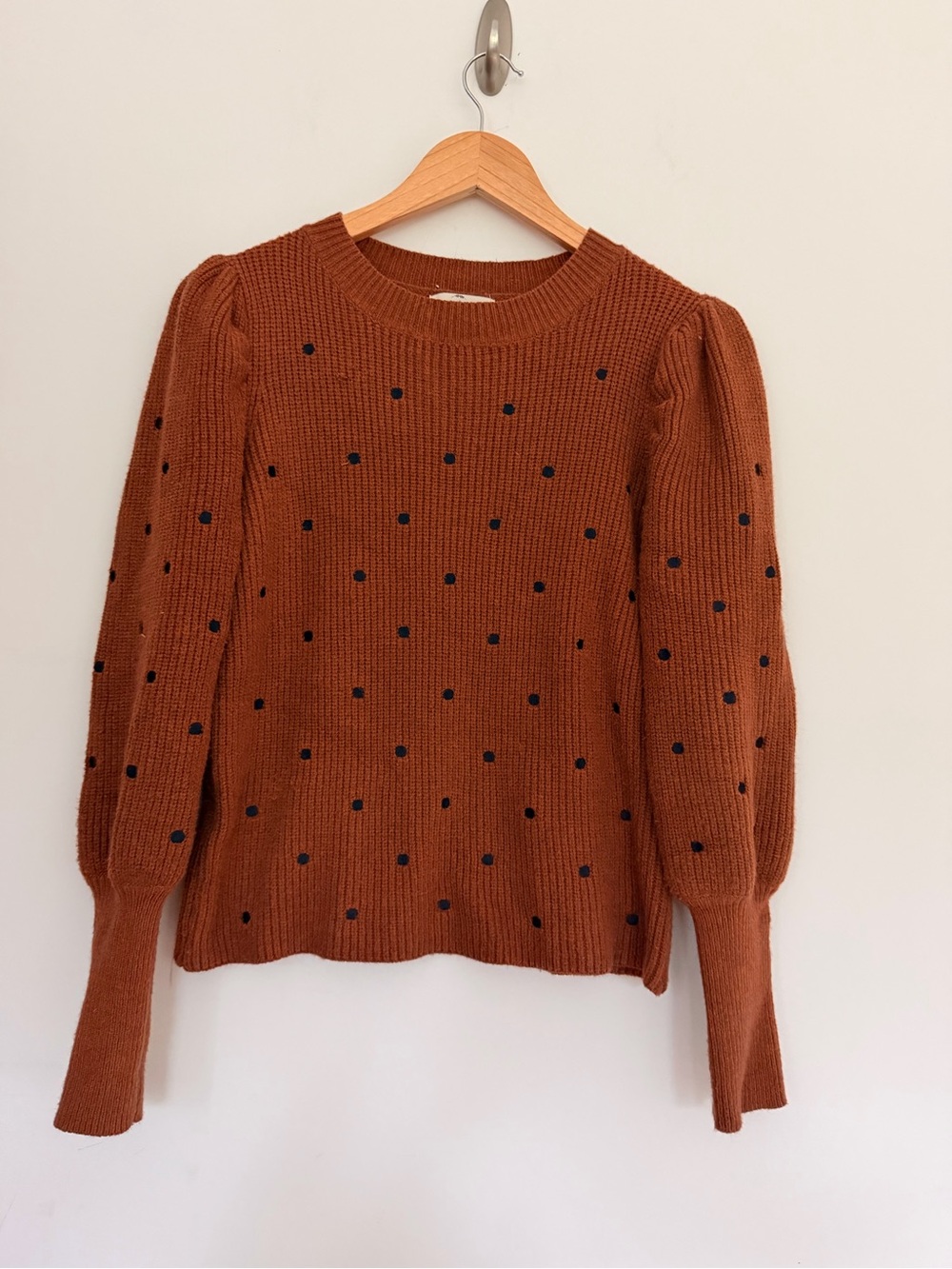 Entro Rust Orange Brown Dot Puff-Sleeve Thick Knit Chunky Sweater Medium